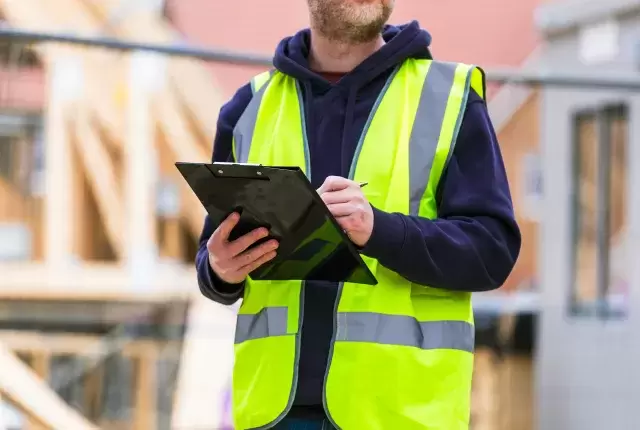 Builder on site wearing high visibility jacket and completing a checklist on a clipboard