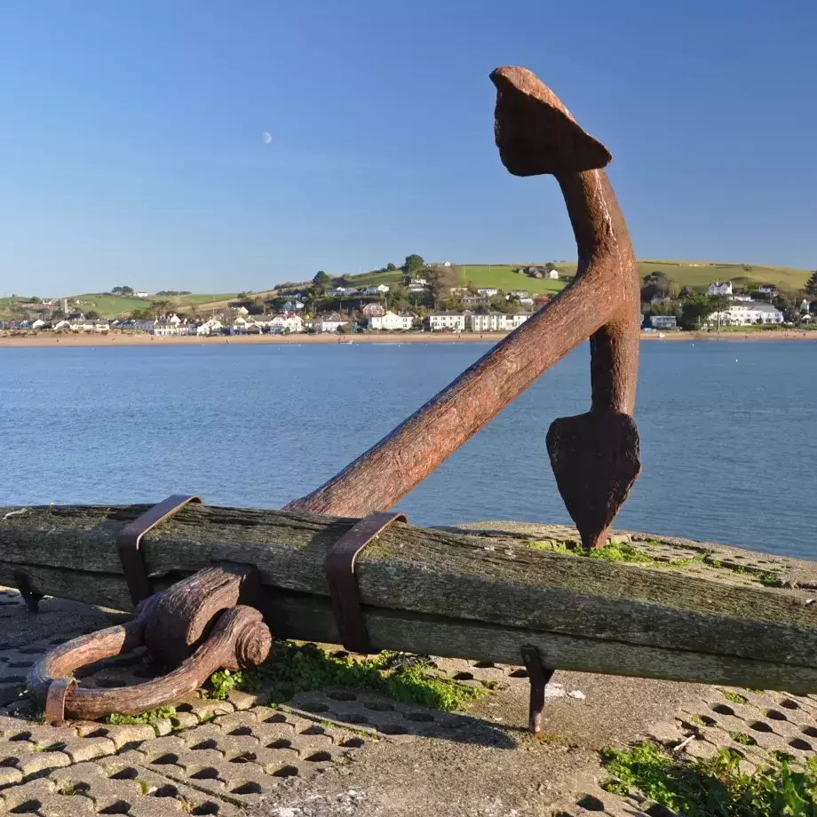 View of Instow beach from Appledore with large anchor in foreground