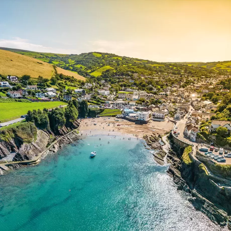 Aerila view of Combe Martin beach on a bright sunny day